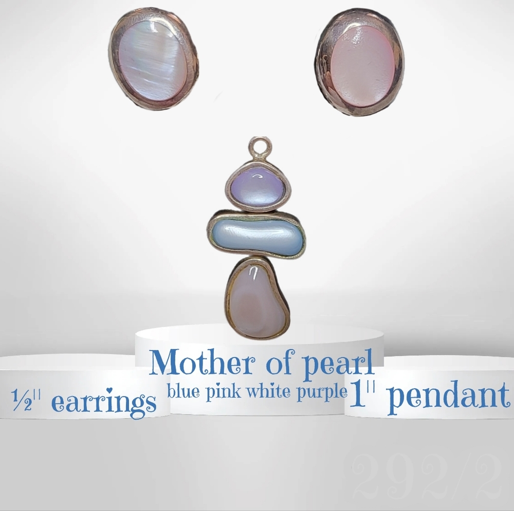 Vtg Tri Color Mother of Pearl Pendant & Earrings 925 Silver Pink Purple Blu Whit